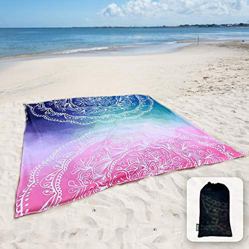 Sunlit Silky Soft 84 x72 Boho Sand Proof Beach Blanket Sand Proof Mat with Corner Pockets and Mesh Bag 6 x 7 for Beach Party Travel Camping and Outdoor Music Festival Blue and Pink