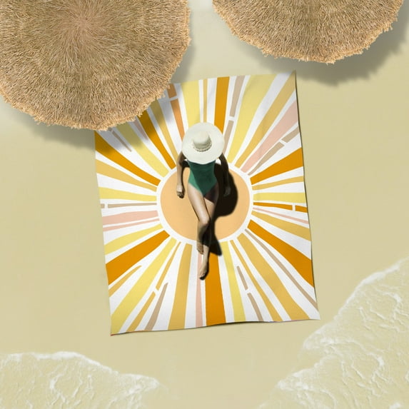 Sunlit Soft 106"x81" Sand Proof Beach Blanket Sand Free Beach Mat with Corner Pocket and Mesh Bag for Beach Party Travel Camping and Outdoor Music Festival, Mid-Century Noonday Sun