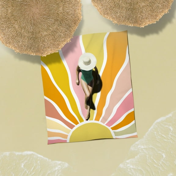 Sunlit Soft 106"x81" Sand Proof Beach Blanket Sand Free Beach Mat with Corner Pocket and Mesh Bag for Beach Party Travel Camping and Outdoor Music Festival, Mid-Century Rising Sun