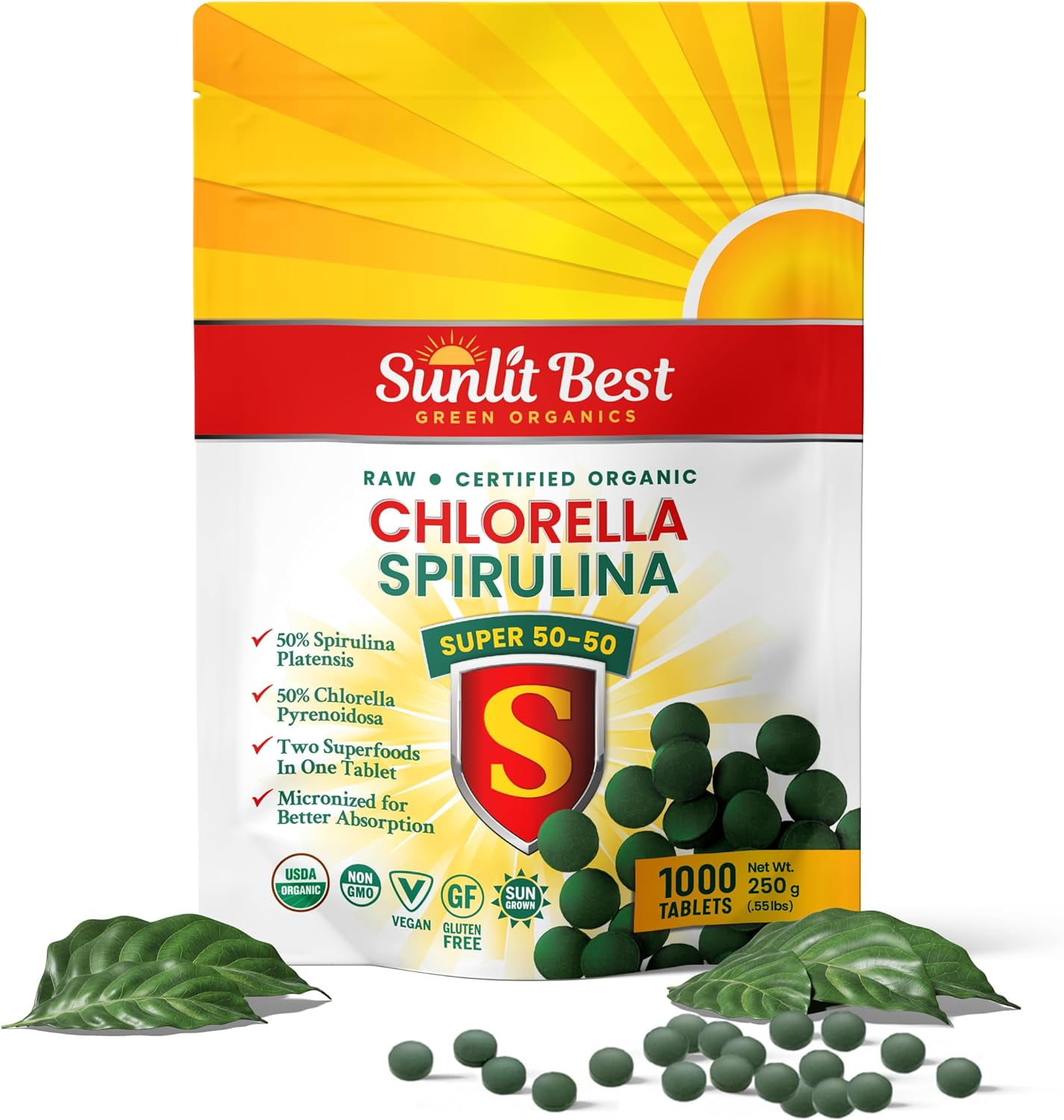 Sunlit Super 50/50 Organic Chlorella Spirulina Tablets Super Greens