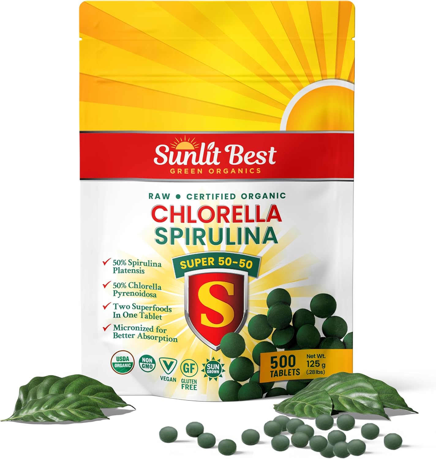 Sunfood Superfoods 2in1 Spirulina & Chlorella Tablets for Immune