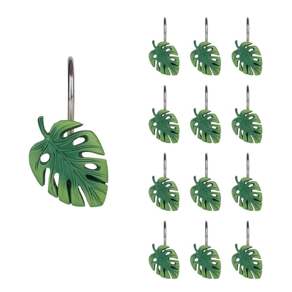 Sunlit Topical Leaf Decorative Shower Curtain Hooks Green Botanical Shower Curtain Rings, Resin, Monstera Deliciosa Leaves Shower Curtain Hangers for Bathroom, Set of 12
