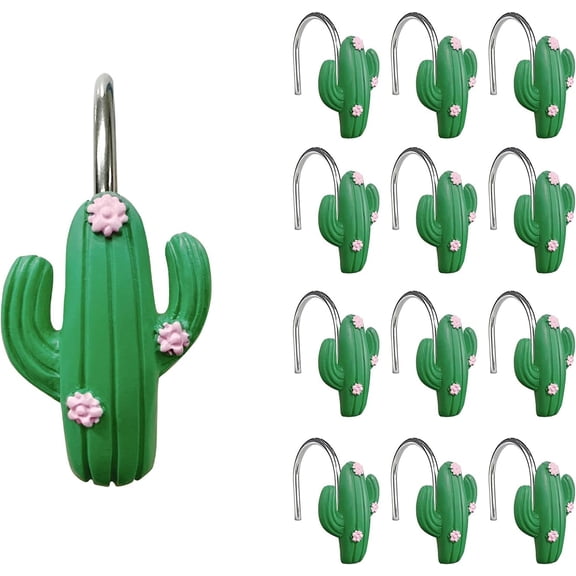 Sunlit Tropical Cactus Decorative Shower Curtain Hooks, Green Cactus Flowers Blossom Shower Curtain Rings, Resin, Summer Bathroom Decoration - 12 Pack