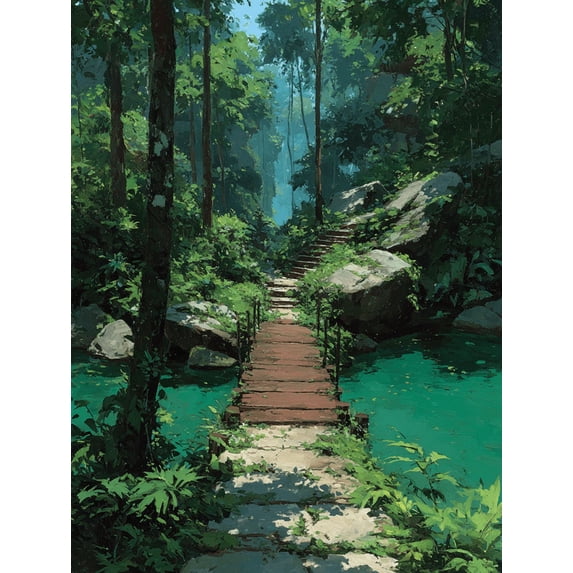 Sunlit Tropical Jungle Bridge Canvas Wall Art, Nature Scenery Print, Modern Home Wall Decor