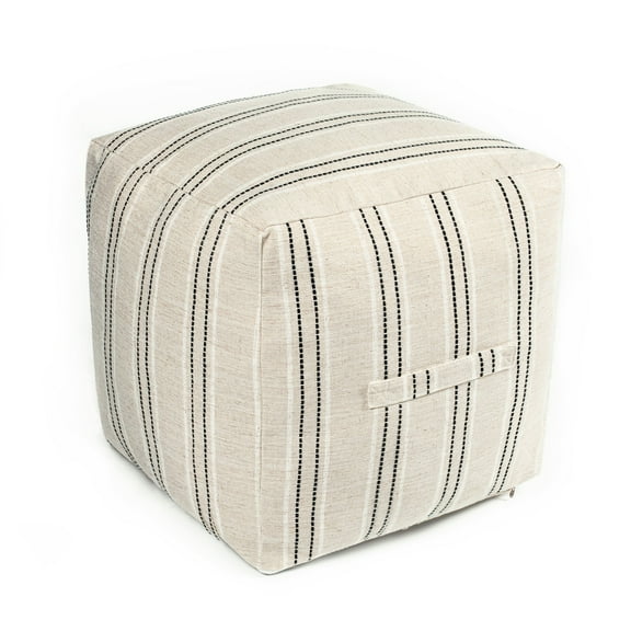 Sunlit Unstuffed Farmhouse Pouf Cover for Living Room, Boho Storage Bean Bag Cubes, Beige with Black Stitch Yarn Dyed Stripe Linen Square Ottoman Pouf Foot Rest Footstool, 18"x18"x18", Cover ONLY