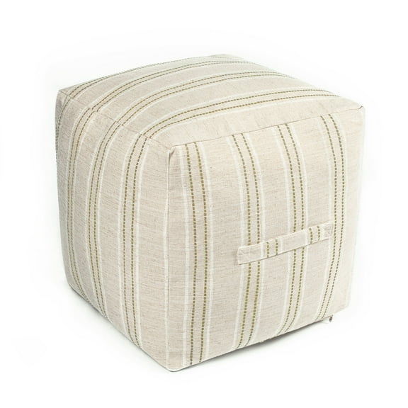 Sunlit Unstuffed Farmhouse Pouf Cover for Living Room, Boho Storage Bean Bag Cubes, Beige with Brown Stitch Yarn Dyed Stripe Linen Square Ottoman Pouf Foot Rest Footstool, 18"x18"x18", Cover ONLY