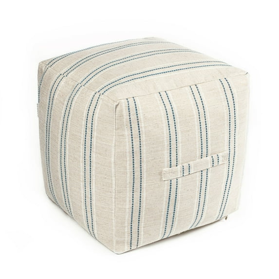 Sunlit Unstuffed Farmhouse Pouf Cover for Living Room, Boho Storage Bean Bag Cubes, Beige with Navy Blue Stitch Yarn Dyed Stripe Linen Square Ottoman Pouf Foot Rest Footstool, 18"x18"x18", Cover ONLY