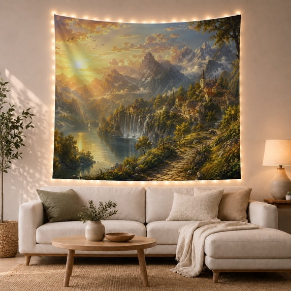 Sunlit Valley with Waterfall and Village, Serene Fantasy for Nature Lovers, Mountain Landscape Art, Housewarming Gift, Tapestry Wall Hanging for Living Room and Reading Nook