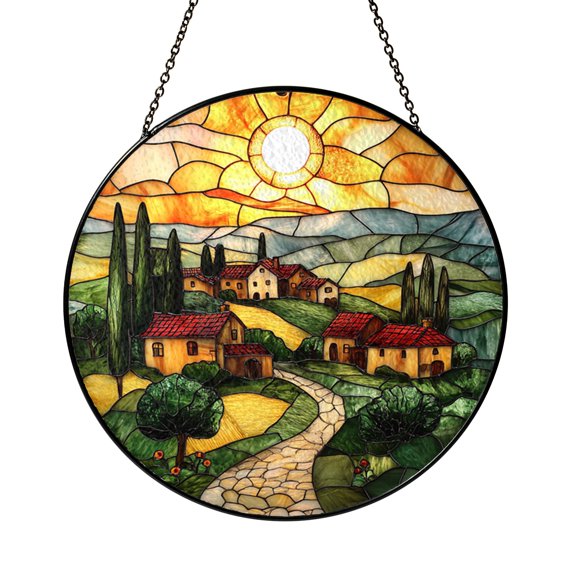 Sunlit Vineyard Hills Art Glass Style Decorative Window Hanging