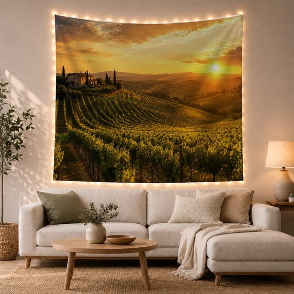 Sunlit Vineyard with Hilltop Villa Against a Sunset Sky, Peaceful Folk Art for Wine Enthusiasts, Realistic Landscape Decor, Housewarming Gift Tapestry Wall Hanging for Living Room and Study Room