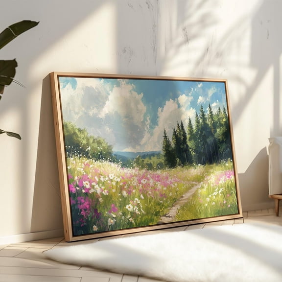 Sunlit Wildflower Trail Landscape Summer Meadow Painting With Pink And White Flowers Forest Edge Art Print For Nature Lovers Wall Art