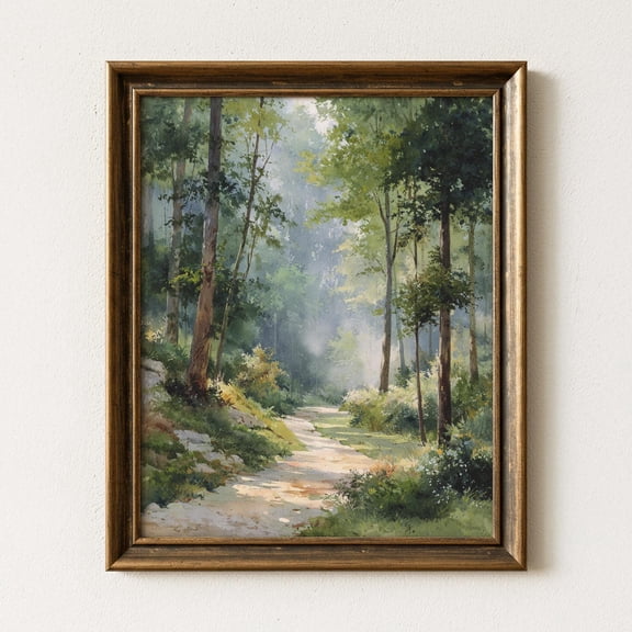 Sunlit Woodland Path Wall Art Peaceful Forest Walk Watercolor Style Nature Trail Landscape Poster V499
