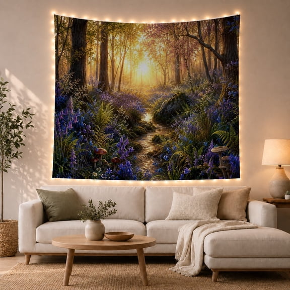 Sunlit Woodland Stream with Bluebells, Peaceful Cottagecore Style for Nature Lovers, Forest Wall Decor, Mother's Day Gift, Tapestry Wall Hanging for Bedroom and Living Room