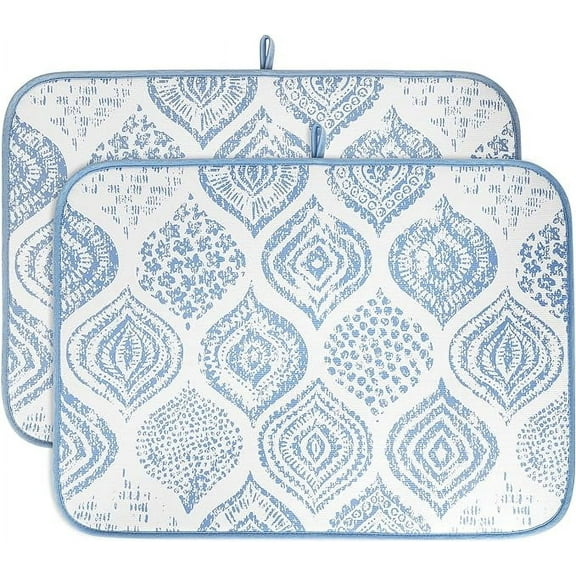 Sunlit XL 24" x 18" Dish Drying Mat, Set of 2, for Kitchen Counter, Boho Geometric Pattern Reversible Absorbent Microfiber Dish Drainer/Rack Pads with Hanging Loop