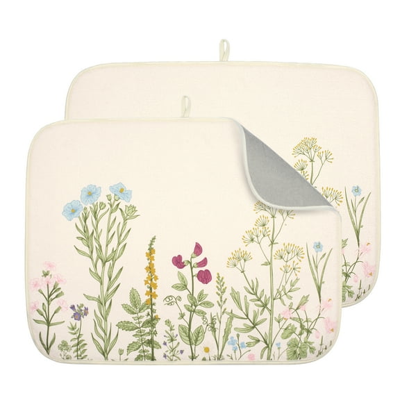 Sunlit XL 24" x 18" Dish Drying Mat Set of 2 for Kitchen Counter, Sage Green Reversible Absorbent Microfiber Dish Drainer/Rack Pads with Hanging Loop, Spring Flowers Rustic Plant Leaves Herbs