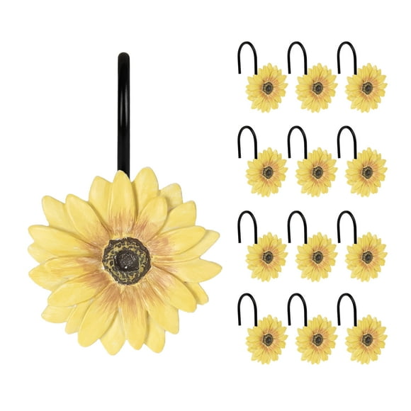 Sunlit Yellow Sunflower Shower Curtain Hooks, Home Decorative Shower Curtain Rings with Black Hooks for Bathroom, Resin, Summer Floral Shower Curtain Hanger Hooks for Living Room, Set of 12