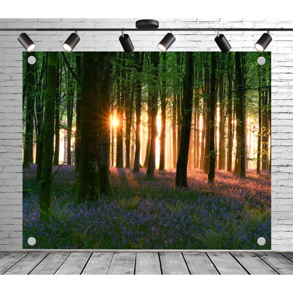 Sunlit forest bluebell carpet backdrop | Polyester fabric banner curtain, suitable for themed parties, outings, picnics, celebrations, and studio props
