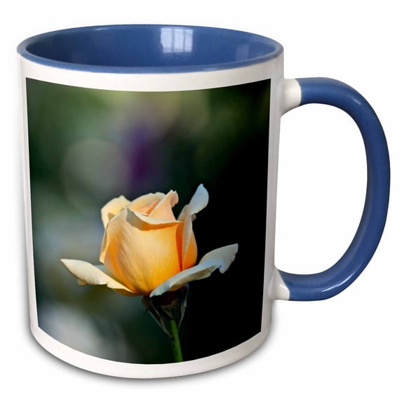 Sunlit yellow rose flower, soft, blurry, grey, violet, green backdrop 15oz Two-Tone Blue Mug mug-298648-11