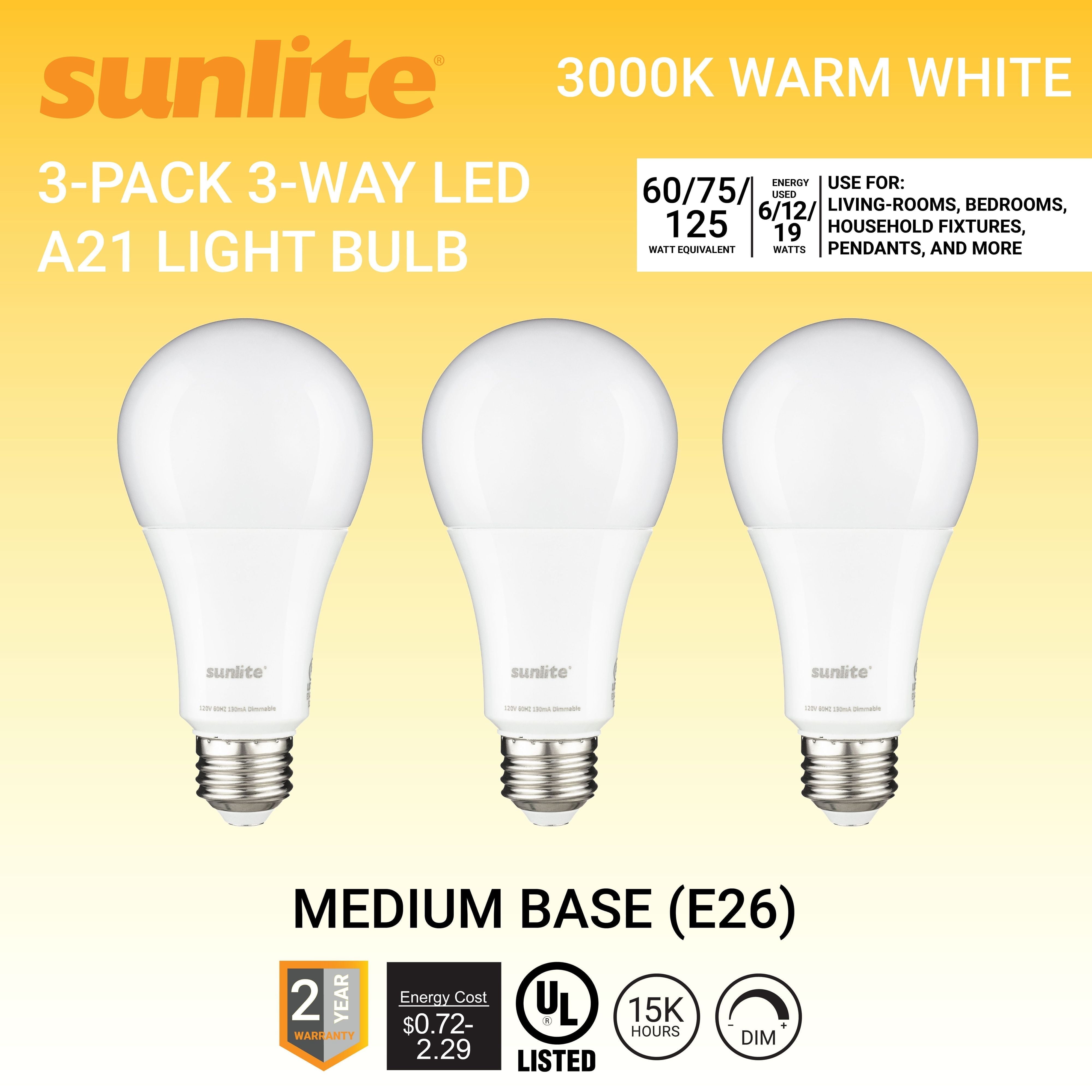 Sunlite 3-Way LED A21 Light Bulb, 6/12/19 Watts (60W 75W 125W Equivalent), Medium E26 Base, Dimmable,UL Listed, 3000K Warm White, 3-Pack