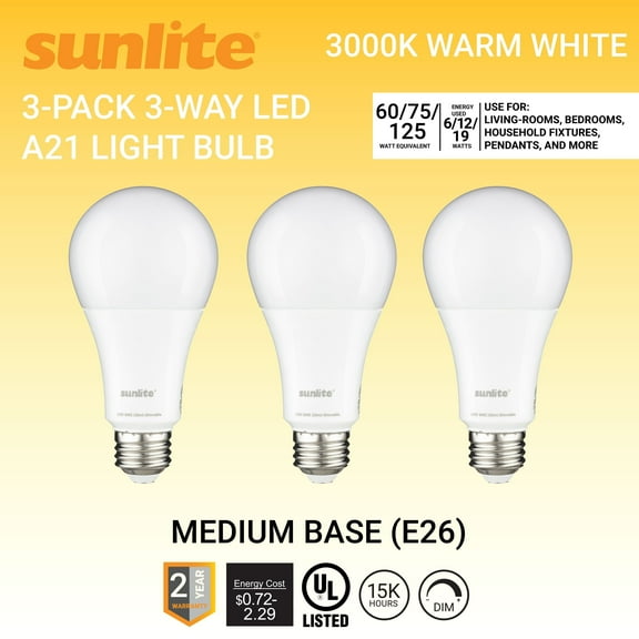 Sunlite 3-Way LED A21 Light Bulb, 6/12/19 Watts (60W 75W 125W Equivalent), Medium E26 Base, Dimmable,UL Listed, 3000K Warm White, 3-Pack