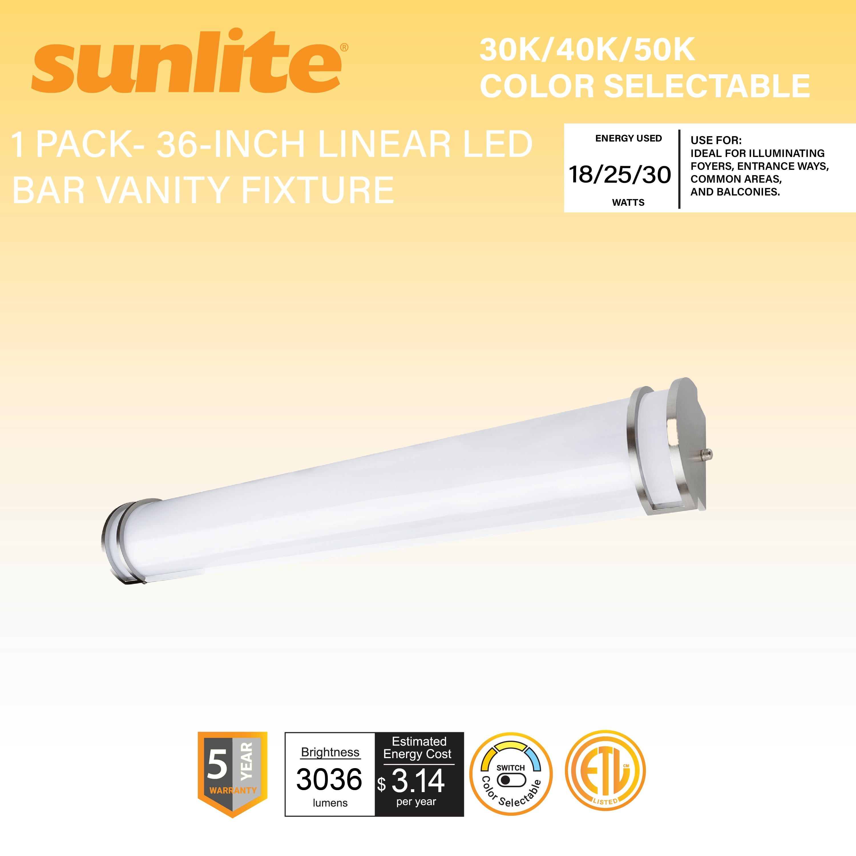 Sunlite 36-Inch Linear LED Bar Vanity Fixture, Power Selectable 18W/25W ...