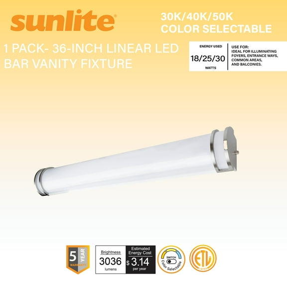 Sunlite 36-Inch Linear LED Bar Vanity Fixture, Power Selectable 18W/25W/30W, 100-277V, 3036 Lumens, Color Selectable 30K/40K/50K, 90 CRI, Dimmable, ETL Listed, Title-24 Compliant