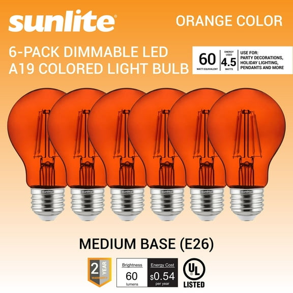 Sunlite 40944 A19 Standard 4.5 (60 Watt Equivalent) Colored Transparent Dimmable Light Bulb, 6 Pack, Orange