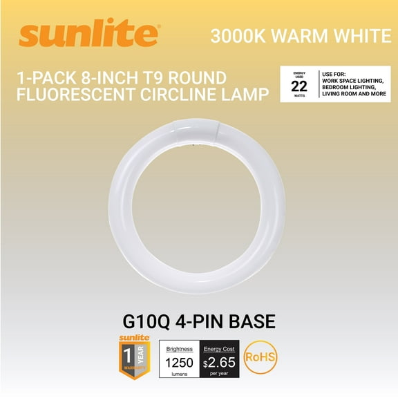 Sunlite 8" T9 Circline Fluorescent Lamp, 22W, 1250 Lumen, 3000K Warm White, RoHS, G10Q 4-Pin Base, 1 Pack