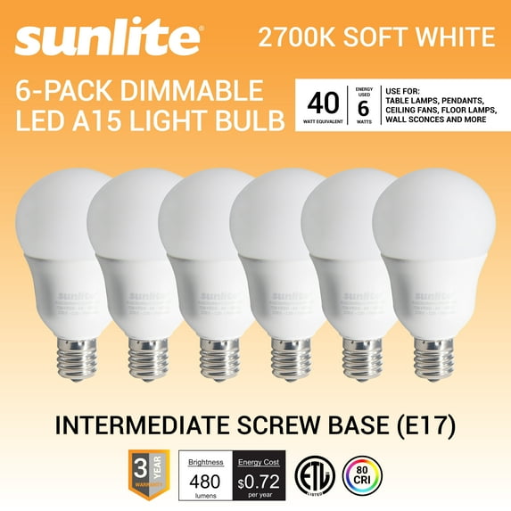 Sunlite 41831 LED A15 Light Bulb, 6 Watts (40W Equivalent), Intermediate Base (E17), 480 Lumens, Dimmable, Frosted Finish, ETL Listed, for Ceiling Fan Use, 2700K Soft White, 6 Count