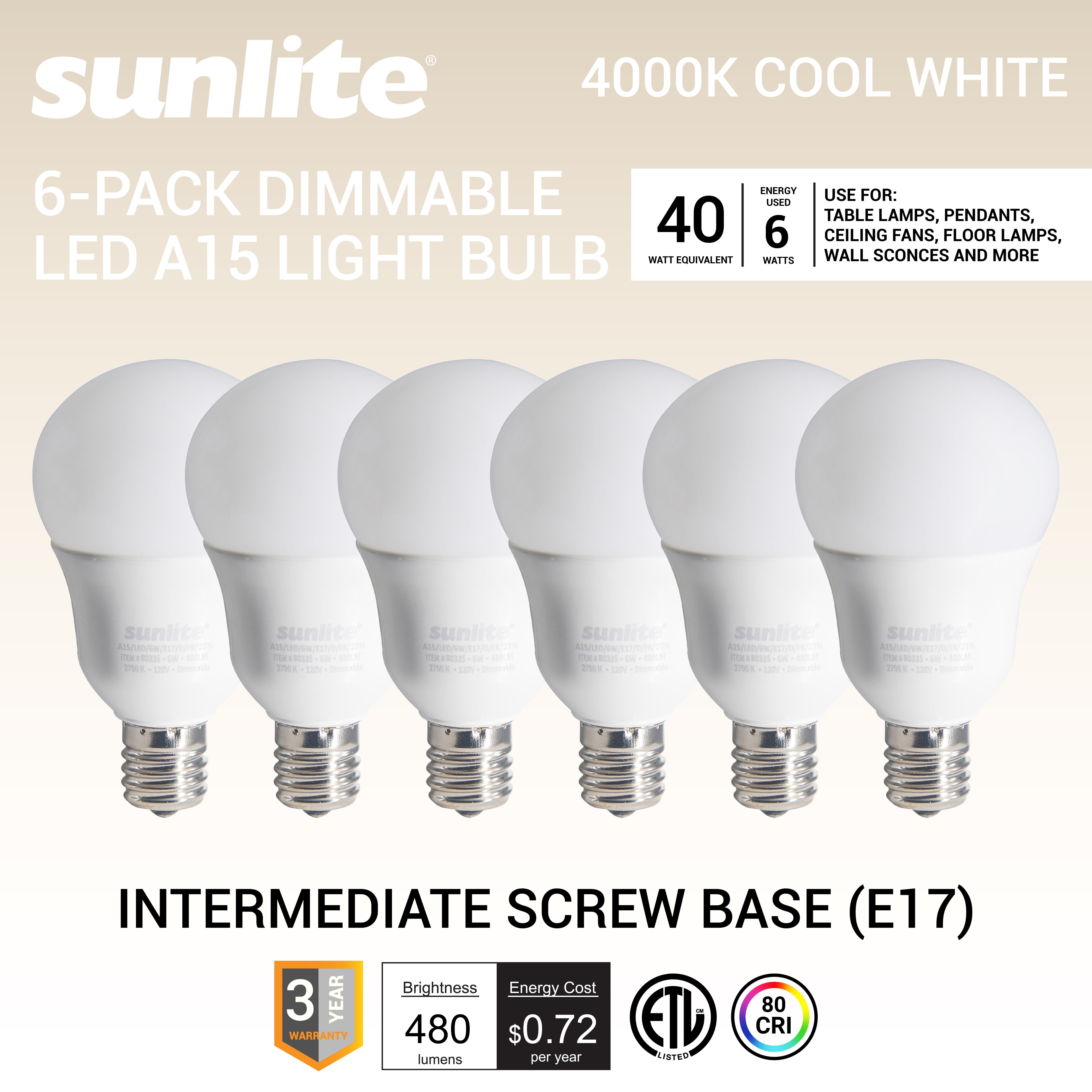 Sunlite 41832 LED A15 Light Bulb, 6 Watts (40W Equivalent), Intermediate Base (E17), 480 Lumens, Dimmable, Frosted Finish, ETL Listed, for Ceiling Fan Use, 6 Count, 4000K Cool White
