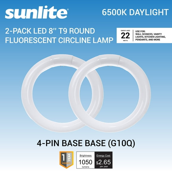 Sunlite 41937 FC8T9/DL 8-Inch T9 Round Fluorescent Circline Lamp, 22 Watts, 1050 Lumens, 6500K Daylight, G10Q 4-Pin Base, 2 Pack