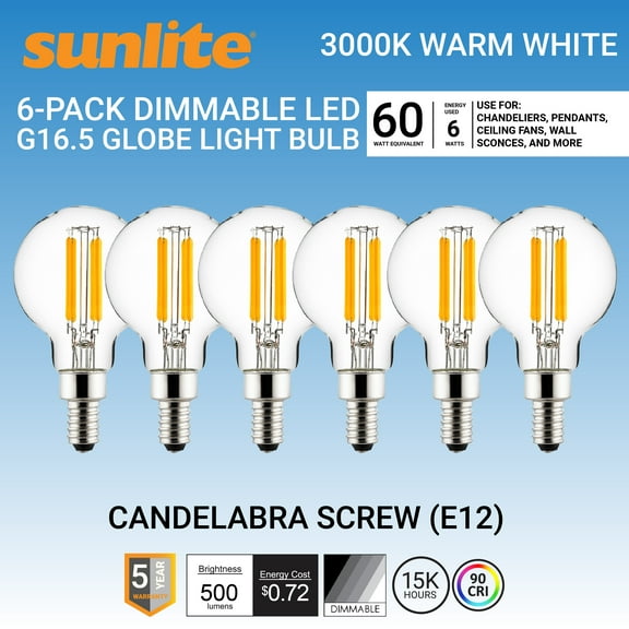 Sunlite 81145 LED G16.5 Filament Style Globe Light Bulb, 6 Watts (60W Equivalent), 500 Lumens, 120V, Dimmable, Candelabra Base (E12), 90 CRI, UL Listed, Title-20 Compliant, 3000K Warm White, 6 Pack