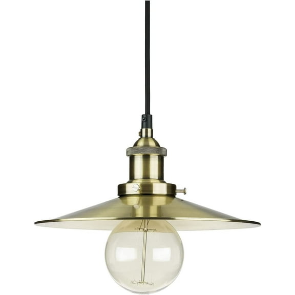 Sunlite Antique Brass Shallow Dish Shade Pendant, Farmhouse Country-Chic Style Fixture, 6-Ft Braided Woven Cord, 60 Watts Max (Bulb Not Included), 10-Inch Wide