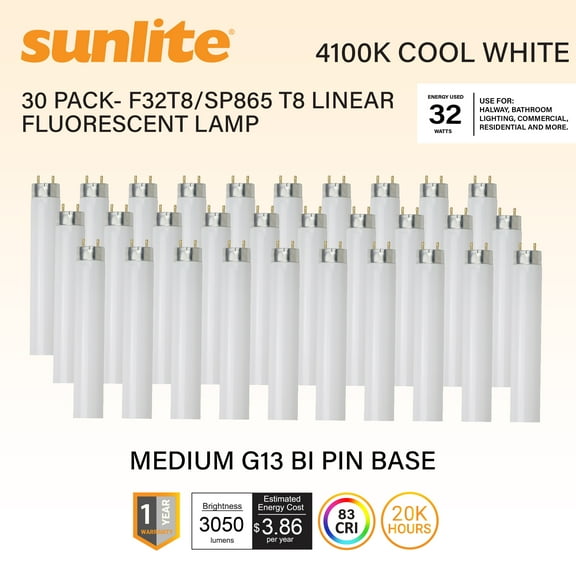 Sunlite T8 Fluorescent, 32W, 3100lm, 4100K, G13 Bi-Pin, Cool White, Straight Tube, 30pk, F32T8/SP850
