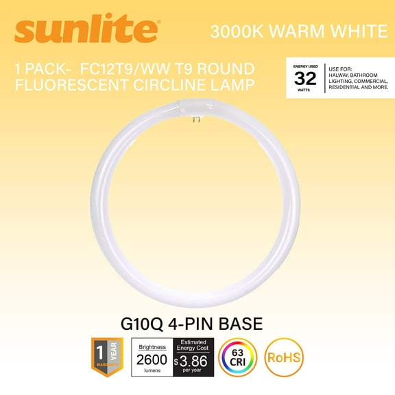 Sunlite T9 Circline, 32W, 1750lm, 3000K, G10q 4-Pin Base, Warm White, FC12T9/DL, RoHS, 1pk