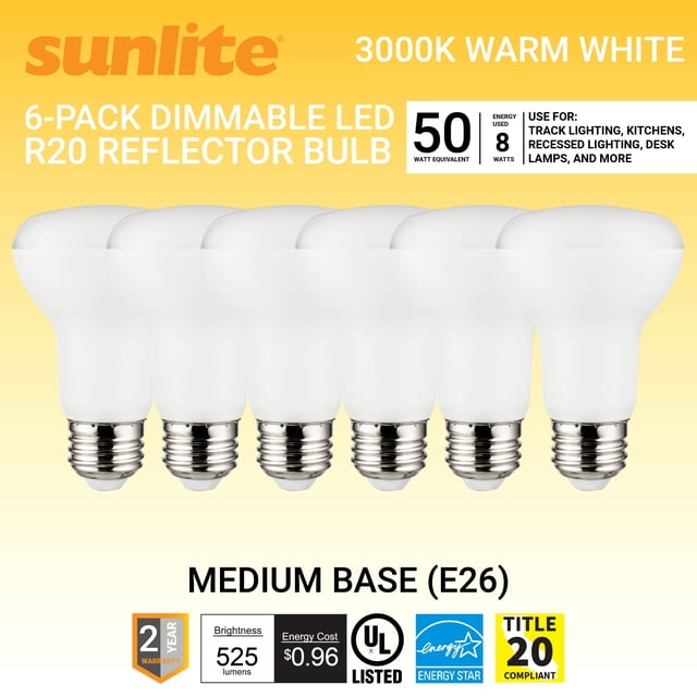 Sunlite LED 90 CRI R20 Recessed Light Bulb, 8 Watts (50W Equivalent ...