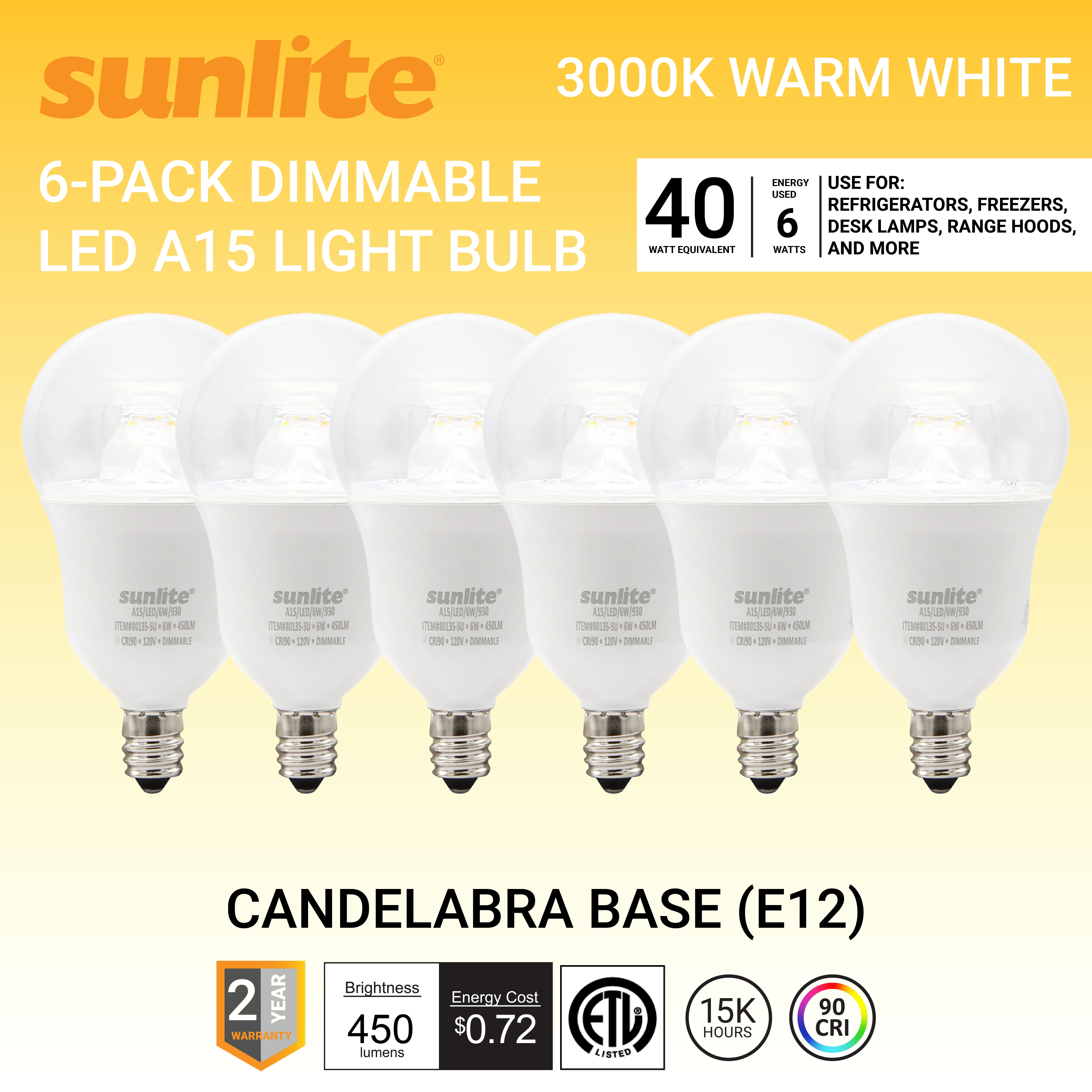 Sunlite LED A15 Appliance Clear Light Bulb, 6 Watts (40W Equivalent), Candelabra Base (E12), 90 CRI, Dimmable, 3000K Warm White, 6 Pack