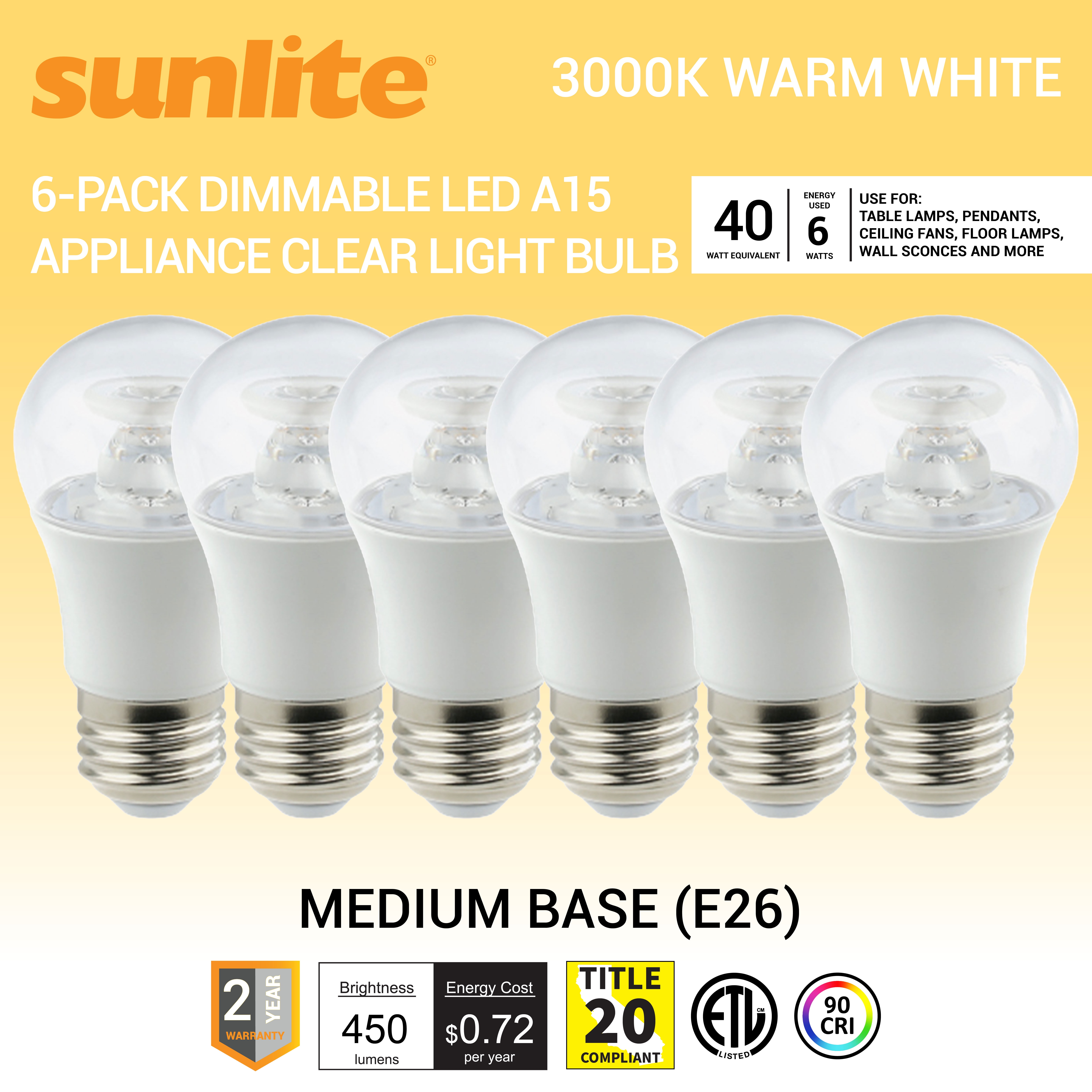 Sunlite LED A15 Appliance Clear Light Bulb, 6 Watts (40W Equivalent), Medium E26 Base, Dimmable, Clear, ETL Listed, 3000K Warm White, 6-Pack