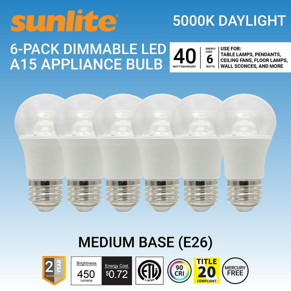 Sunlite LED A15 Appliance Clear Light Bulb, 6 Watts (40W Equivalent), Medium E26 Base, Dimmable, Clear, ETL Listed, 5000K Daylight, 6-Pack