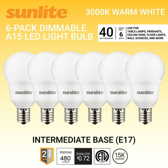 Sunlite LED A15 Light Bulb, 6 Watts (40W Equivalent), Intermediate E17 Base, Dimmable,ETL Listed, 3000K Warm White, 6-Pack