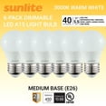 thumbnail image 1 of Sunlite LED A15 Refrigerator Light Bulb, 5.5 Watts (40W Equivalent), 450 Lumens, Medium Base (E26), Dimmable, Frosted Finish, UL Listed, 3000K Warm White, 6 Pack, 1 of 5