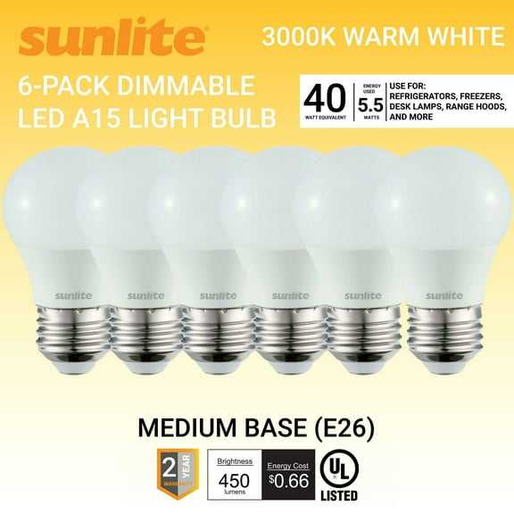 Sunlite LED A15 Refrigerator Light Bulb, 5.5 Watts (40W Equivalent), 450 Lumens, Medium Base (E26), Dimmable, Frosted Finish, UL Listed, 3000K Warm White, 6 Pack