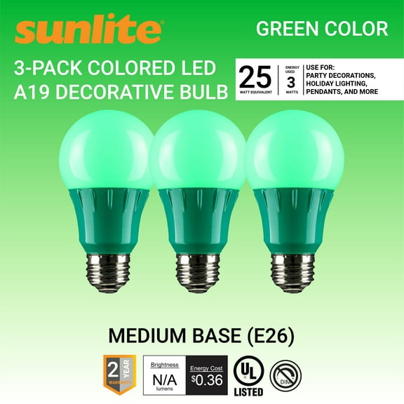 Sunlite LED A19 Colored Light Bulb, 3 Watts (25w Equivalent), E26 Medium Base, Non-Dimmable, UL Listed, Party Decoration, Holiday Lighting, Green, 3 Pack