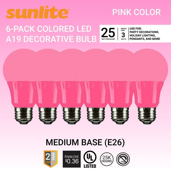 Sunlite LED A19 Colored Light Bulb, 3 Watts (25w Equivalent), E26 Medium Base, Non-Dimmable, UL Listed, Party Decoration, Holiday Lighting, Pink, 6 Pack