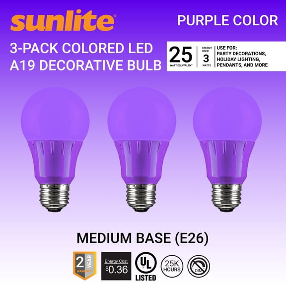 Sunlite LED A19 Colored Light Bulb, 3 Watts (25w Equivalent), E26 Medium Base, Non-Dimmable, UL Listed, Party Decoration, Holiday Lighting, Purple, 3 Pack