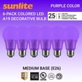thumbnail image 1 of Sunlite LED A19 Colored Light Bulb, 3 Watts (25w Equivalent), E26 Medium Base, Non-Dimmable, UL Listed, Party Decoration, Holiday Lighting, Purple, 6 Pack, 1 of 7