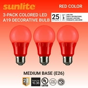 Sunlite LED A19 Colored Light Bulb, 3 Watts (25w Equivalent), E26 Medium Base, Non-Dimmable, UL Listed, Party Decoration, Holiday Lighting, Red, 3 Pack