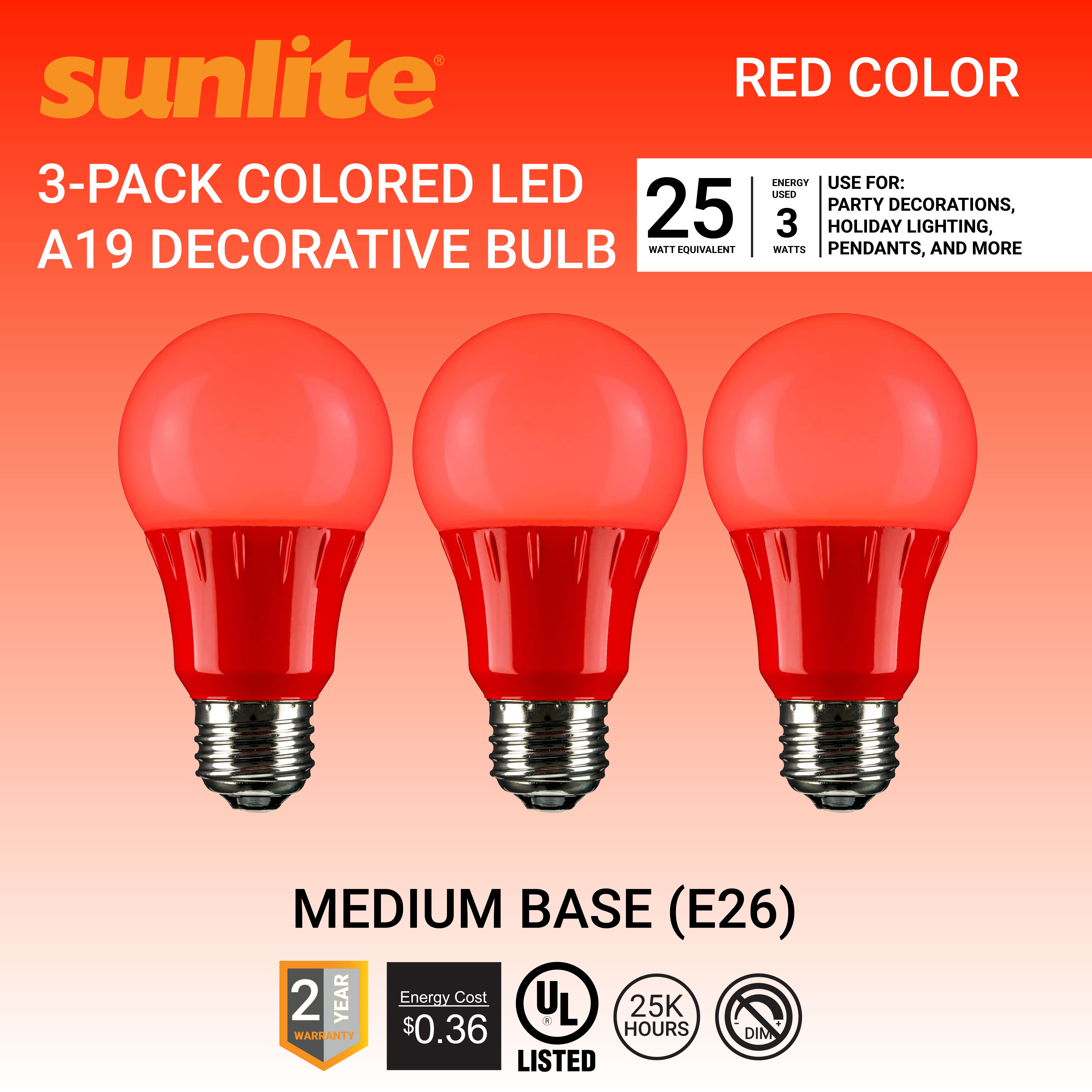 Sunlite LED A19 Colored Light Bulb, 3 Watts (25w Equivalent), E26 Medium Base, Non-Dimmable, UL Listed, Party Decoration, Holiday Lighting, Red, 3 Pack