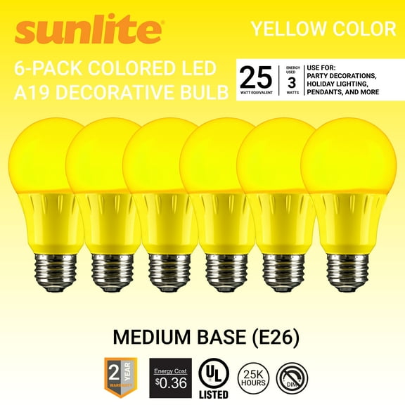 Sunlite LED A19 Colored Light Bulb, 3 Watts (25w Equivalent), E26 Medium Base, Non-Dimmable, UL Listed, Party Decoration, Holiday Lighting, Yellow, 6 Pack