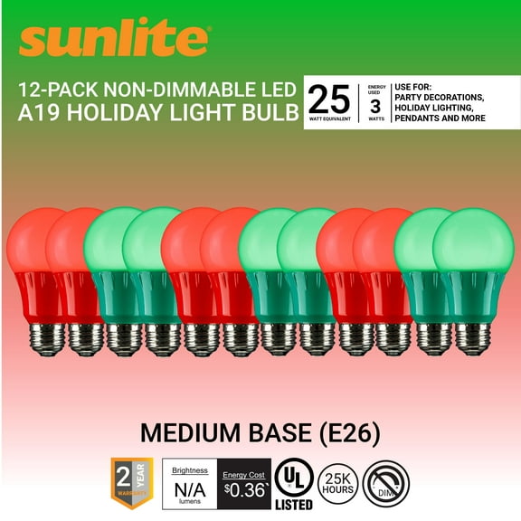 Sunlite LED A19 Decorative Christmas Holiday Light Bulbs, Medium Base, 3 Watt, Red and Green, 12 Pack